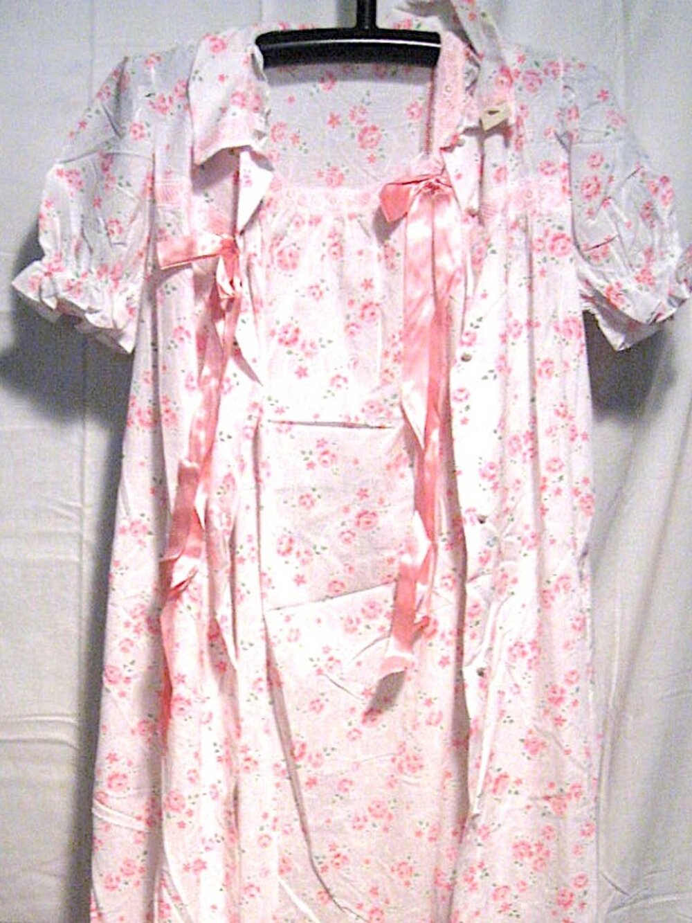 Lady Weldon Pink Calico Floral 1970s Nightgown Duster Robe Set Deadstock